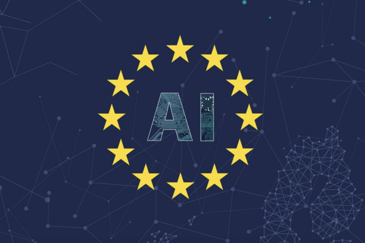 The EU flag appears with the letters AI within the circle of stars. Within the letters there are some chip patterns. Along the flag, some dots are connected by thin, light blue lines.