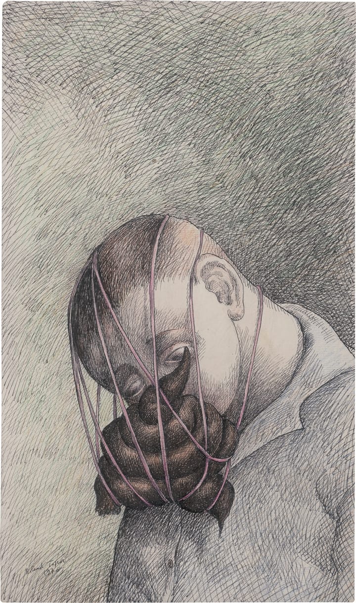 Drawing of a man looking downwards. He has human excrement tied to his face, in a resigned gesture.